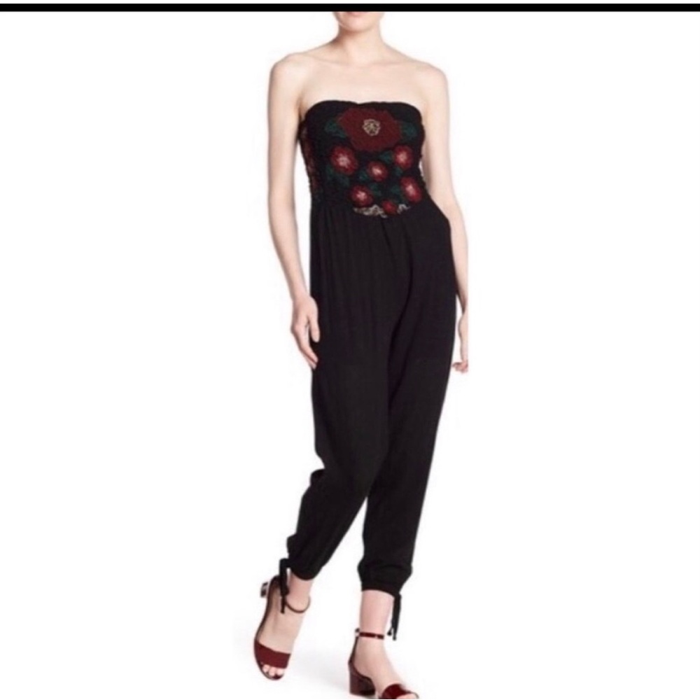 Free People Karan Strapless Smocked Floral Jumpsuit Romper‎ Black XS